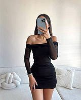 Черное женское эффектное облегающее комбинированное мини-платье по фигуре из микродайвинга и сетки