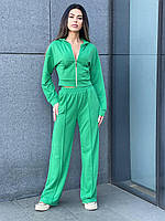 Зелёный женский повседневный спортивный костюм из двухнитки: Кофта на молнии с капюшоном и Штаны-клёш