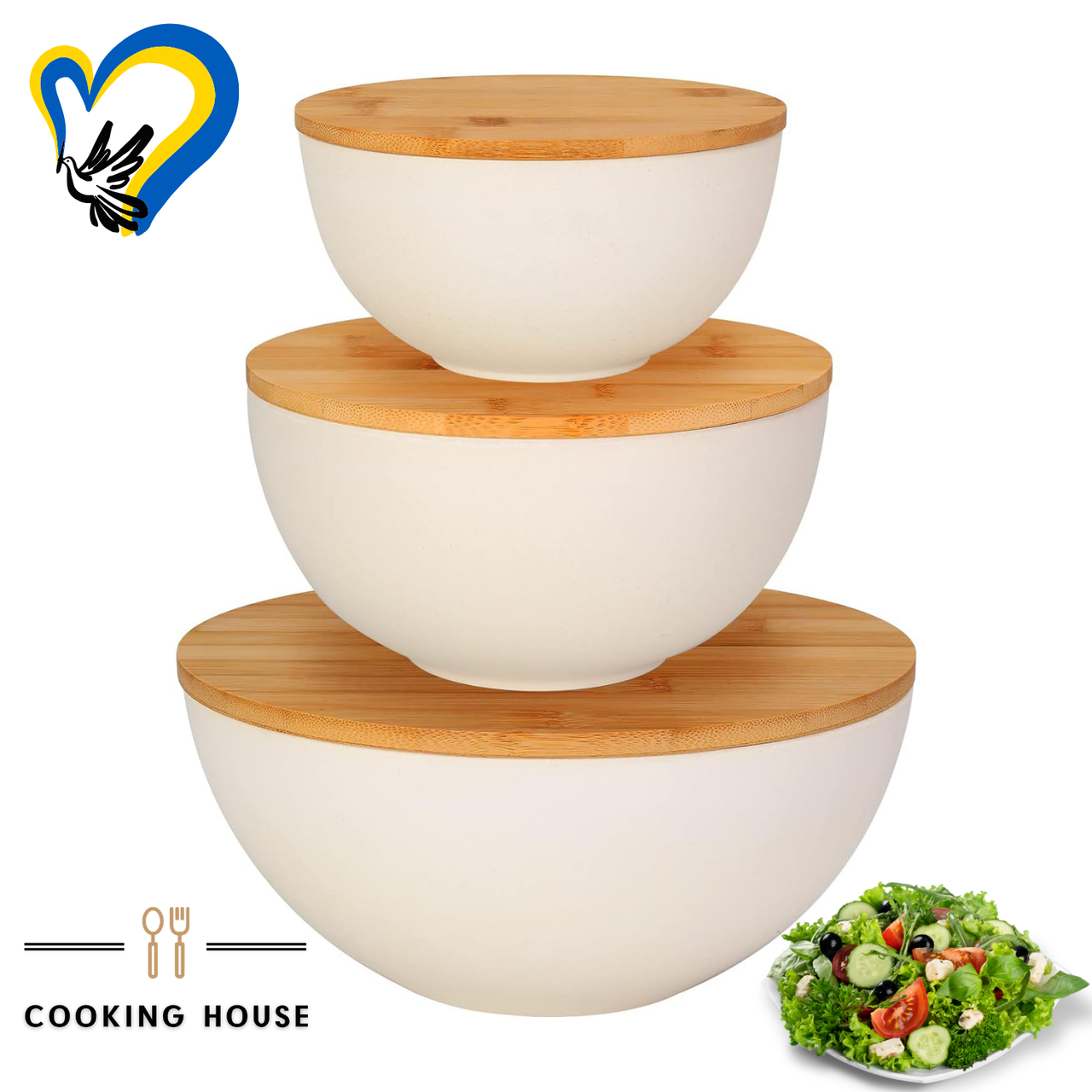 Набір мисок з бамбуковою кришкою Cooking House – 3 шт (25-20-15 см) білі