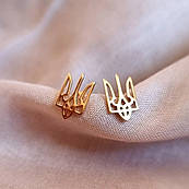 Сережки пусети срібні з позолотою Тризуб - герб України без камінців