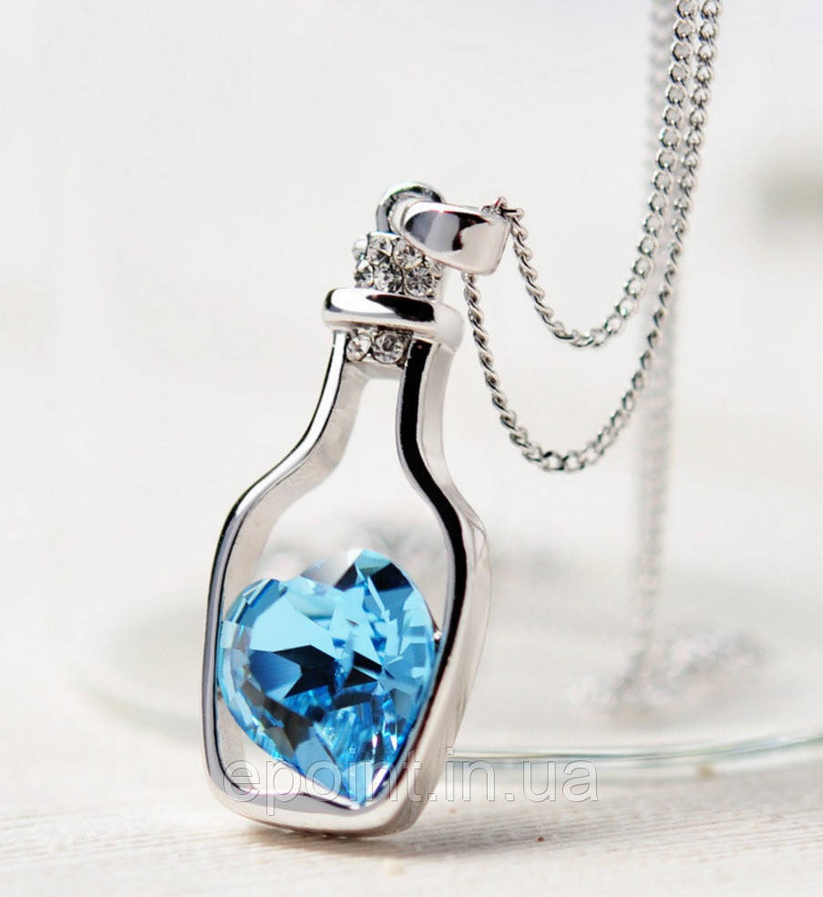 Модна підвіска прикраса на ланцюжку "Сосуд кохання" з блакитним кристалом, сріблястий колір, фото 1