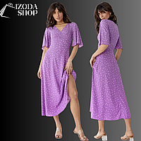 Платье в горошек с короткими расклешенными рукавами и V-образным вырезом, фиолетовое, 100% вискоза