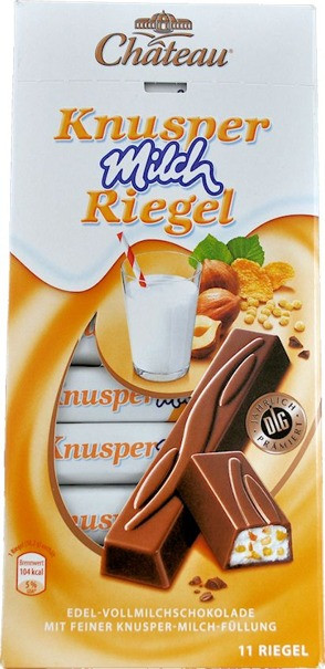 Немецкий шоколад Chateau Knusper Milch Riegel молочный с кусочками фундука и кукурузными хлопьями 200г. - фото 1 - id-p28628301