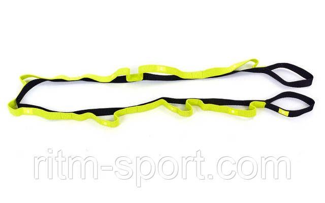 Лента для статической растяжки Лента для растяжки используется на тренировках по художественной гимнастике, отработке гибкости и пластичности на занятиях йогой и фитнесом. Жесткий ремень сшит с эластичной лентой, образующей на нем восемь петель. Заканчивается ремень двумя петлеобразными ручками.