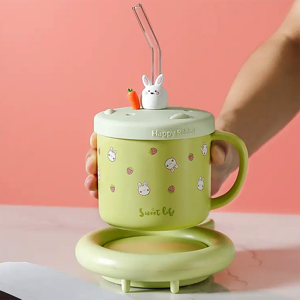 Керамічна кружка з підігрівом, з кришкою і трубочкою "Теплий Зайчик", 300мл, фото 1