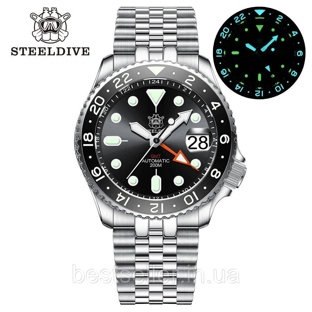 STEELDIVE SD1994 GMT 42MM 20ATM(200M) (В СТИЛЕ SEIKO 5 SPORTS GMT SSK001K1) SEIKO NH34 BLACK DIAL