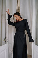 Элегантное утонченное нарядное женское платье макси с завязками по бокам расклешенный рукав  размер 42-48 Черный