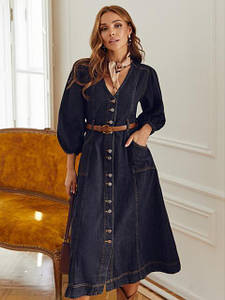 Джинсова сукня сорочка довгий рукав з поясом довжини міді на гудзики синя