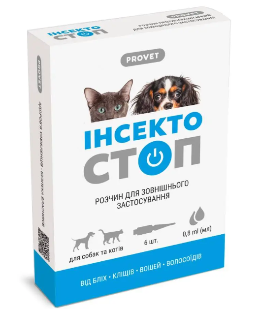 ProVET Інсектостоп краплі на холку від зовнішніх паразитів для котів та собак 4-10 кг (6 піпеток)