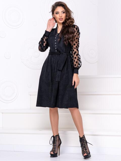 Чорна сукня жіноча вельветова міді з довгим рукавом сітка, фото 1