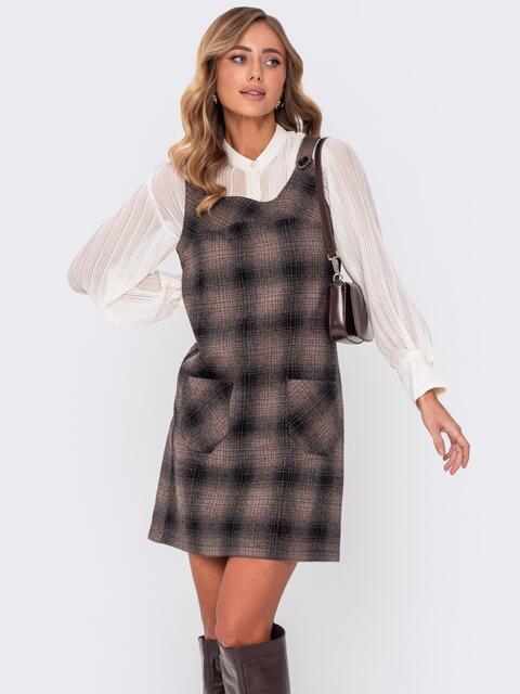 Сукня сарафан жіноча коротка в клітинку коричнева, фото 1