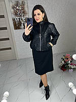 Стильний костюм (куртка оригінальна екошкіра під пітона + трикотажне плаття вільного крою) чорний, UASHOP