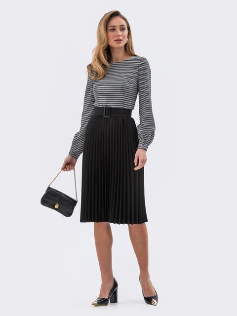 Сукня жіноча плісе трикотажна осіння міді з принтом чорна, фото 1