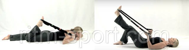 Тренажер лента с петлями для статической растяжки Продев стопу в петлю и приняв определенное положение тела, плавно растягивайте необходимую группу мышц.