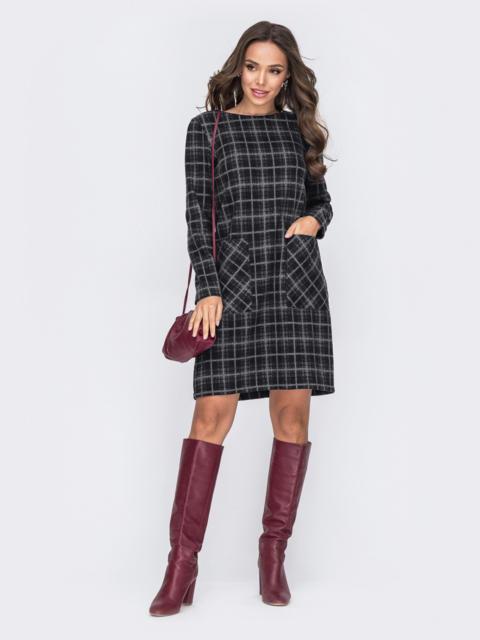 Сукня жіноча тепла силуетна коротка в клітинку сіра, фото 1