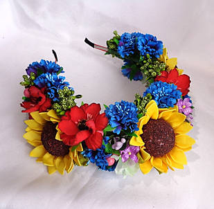 Обруч для волосся з квітами ручної роботи національний "Соняшники"
