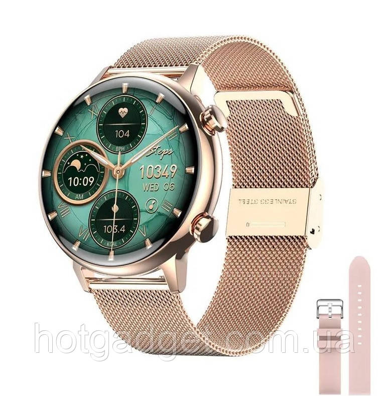 Смарт годинник жіночий Lemfo HK39 Gold (дзвінки, вимірюванням тиску, пульсоксиметр) AMOLED екран, 2 ремінці