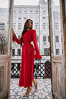 Элегантное утонченное нарядное женское платье макси с завязками по бокам расклешенный рукав размер 42-48
