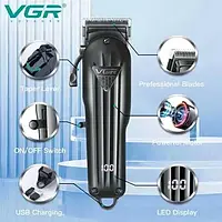 Профессиональная аккумуляторная машинка VGR с LED дисплеем для стрижки волос с 6 насадками