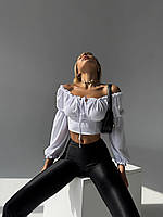 Женская Базовая открытая блузка-топ легкая воздушная рукав длинный на завязках цвет чёрный белый Белый, S/M