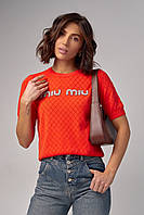 Ажурная футболка с надписью Miu Miu - оранжевый цвет, S (есть размеры)