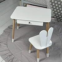 Детский столик со стульчиком Зайчик и ящиком для карандашей и раскрасок (Белый)