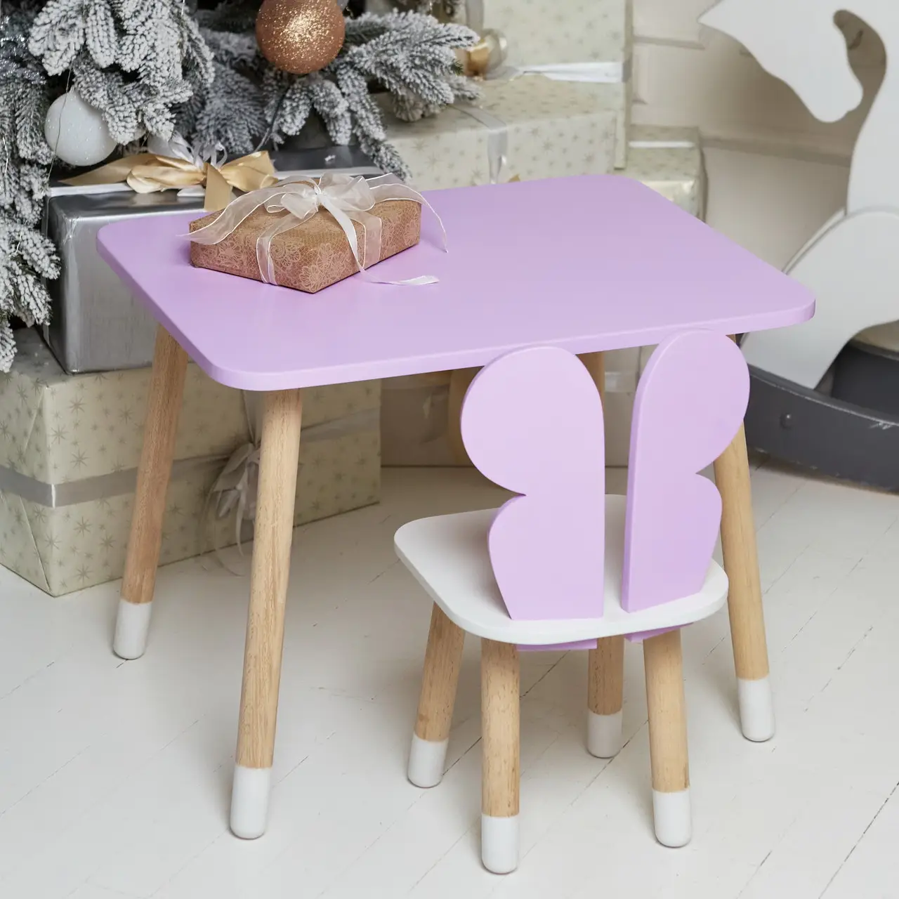 Дитячий прямокутний столик зі стільчиком Метелик з білим сидінням (Фіолетовий)