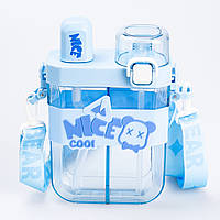 Бутылочка для воды с трубочкой многоразовая пластиковая с ремешком синяя бутылочка для воды