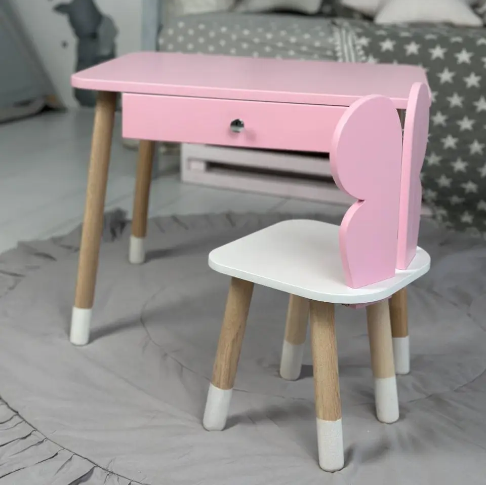 Детский столик со стульчиком Зайчик и ящиком для карандашей и раскрасок (Розовый), детская мебель стол и стул Бабочка - фото 1 - id-p2186098309