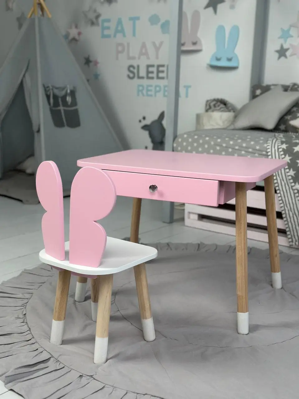 Детский столик со стульчиком Зайчик и ящиком для карандашей и раскрасок (Розовый), детская мебель стол и стул Бабочка - фото 3 - id-p2186098309