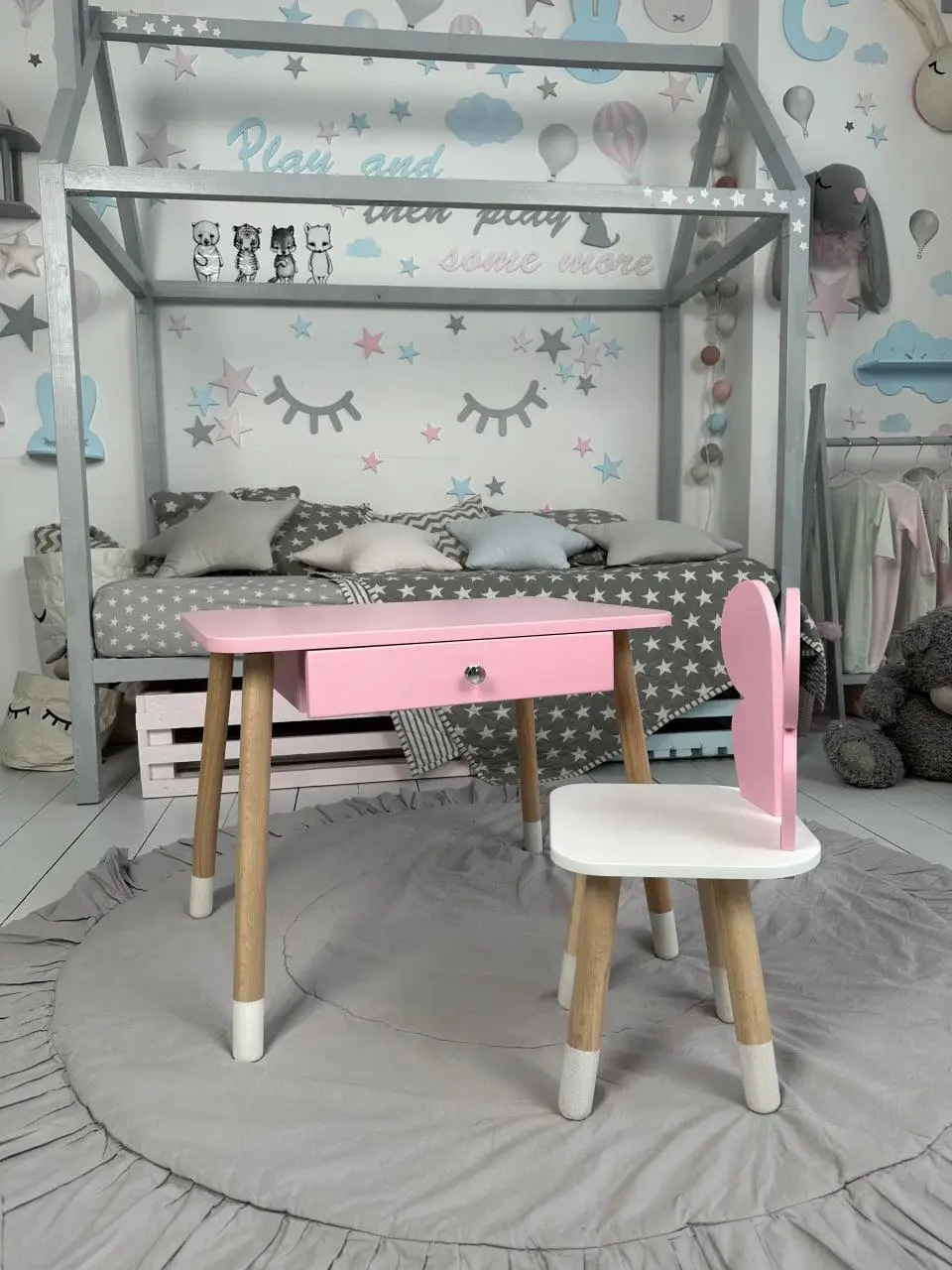 Детский столик со стульчиком Зайчик и ящиком для карандашей и раскрасок (Розовый), детская мебель стол и стул Бабочка - фото 5 - id-p2186098309