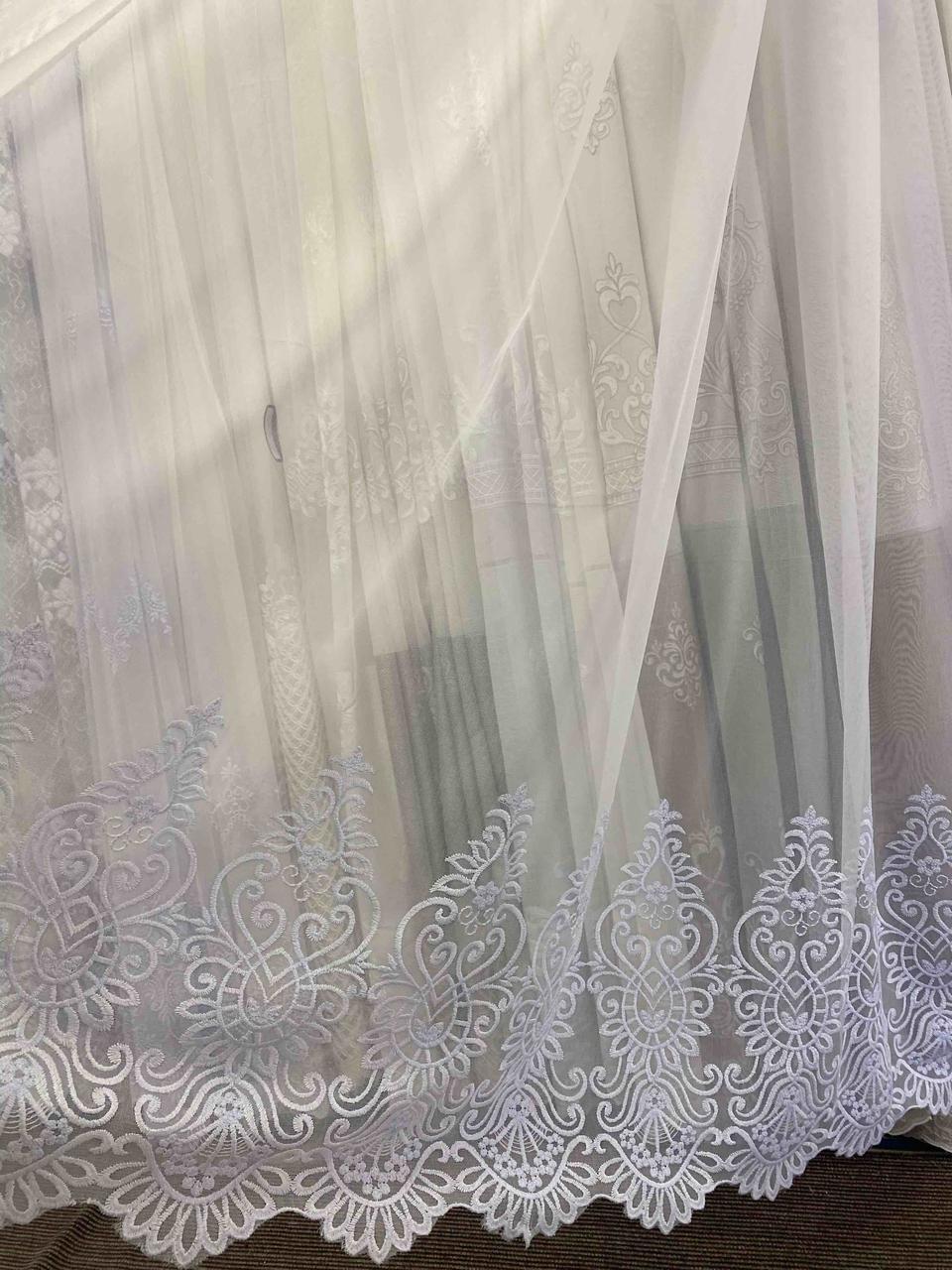 Тюль із фатину білого кольору з кордовою вишивкою 17, фото 1
