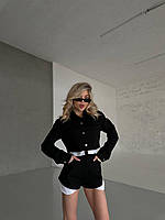 Чёрный женский прогулочный лёгкий коттоновый костюм-двойка: Укороченная Куртка на пуговицах и Шорты с карманаи