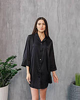Шовкова сорочка розмір S подовжена чорна, жіноча нічна сатинова сорочка на гудзиках для дому та відпочинку