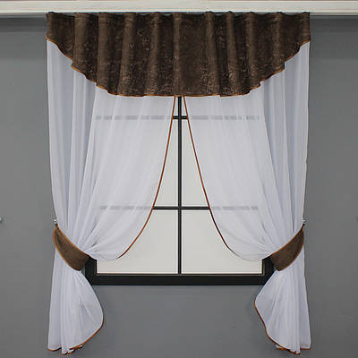 Кухонний комплект, (270х170см.) шторки з ламбрекеном і підхватами. Колір білий з коричневим. Код 084к 52-0818