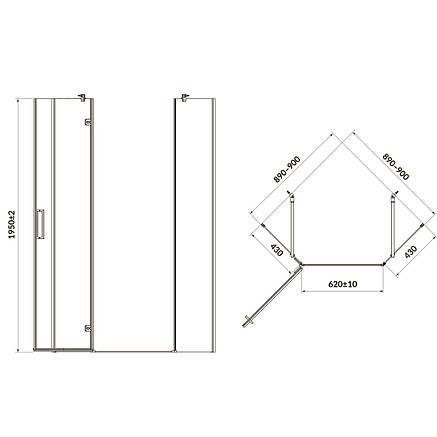 Душова кабіна п'ятикутна JOTA 90х90х195 R з розпашними дверми, прозоре скло, фото 2