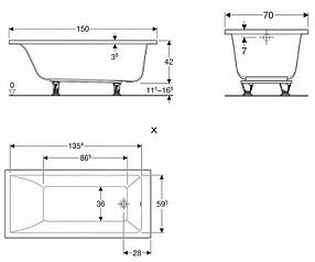 SUPERO ванна 150*70 см, прямокутна, з нiжками SN14, фото 3