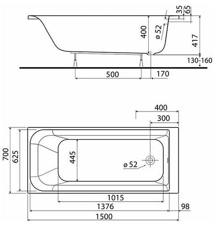 Ванна REKORD 150*70 см прямокутна,б/ніжок, фото 2