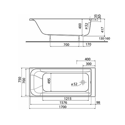 Ванна REKORD 170*75 см прямокутна,б/ніжок, фото 2