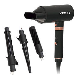 Фен для волосся 1600 Вт, Kemei KM-9203, 4 насадки / Фен для укладання волосся / Фен зі змінними насадками