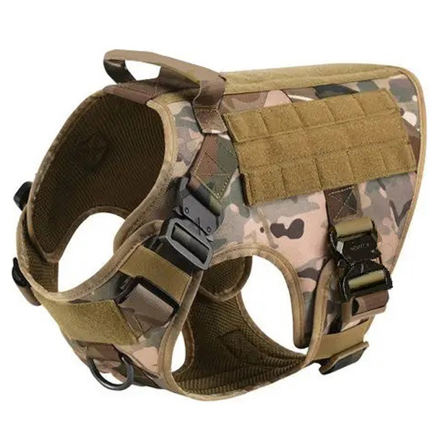 Шлея для собак Harness K9 Long, тактичний жилет з ручкою, 4 металеві фастекси, Камуфляж