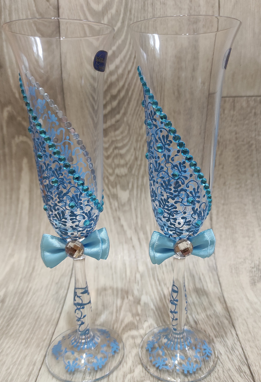 Весільні келихи для молодят у блакитному кольорі, фото 1