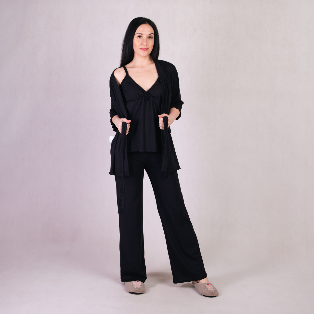 Жіночий комплект 3-ка Халат+штани+майка піньє "Чорний колір" 46-54р.