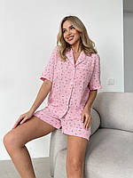 Мужская женская пижама двойка с розами, на резинке. Комплект для сна. Домашний костюм (шорты + рубашка) M-L, 44/46, Розовый