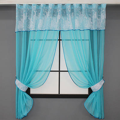 Кухонний комплект, (280х170см.) шторки з ламбрекеном і підхватами. Колір лазурний з білим. Код 084к 52-0824