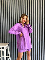 Прогулочный летний женский костюм однотонный - рубашка и шорты (Размеры S-M, L-XL), Фиолетовый