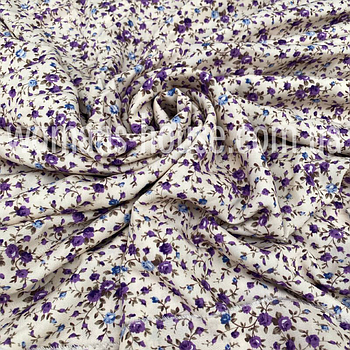 Тканина Штапель принт Квіти дрібні фіолетові на бежевому