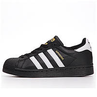 Женские кроссовки Adidas Superstar Classic Black White gold logo EG4959, черные кожаные адидас суперстар