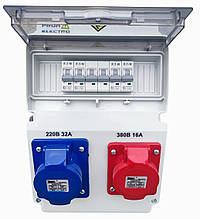 Щит на 10 модулів  з розетками 220В-380В 16-32А, з автоматичними вимикачами.