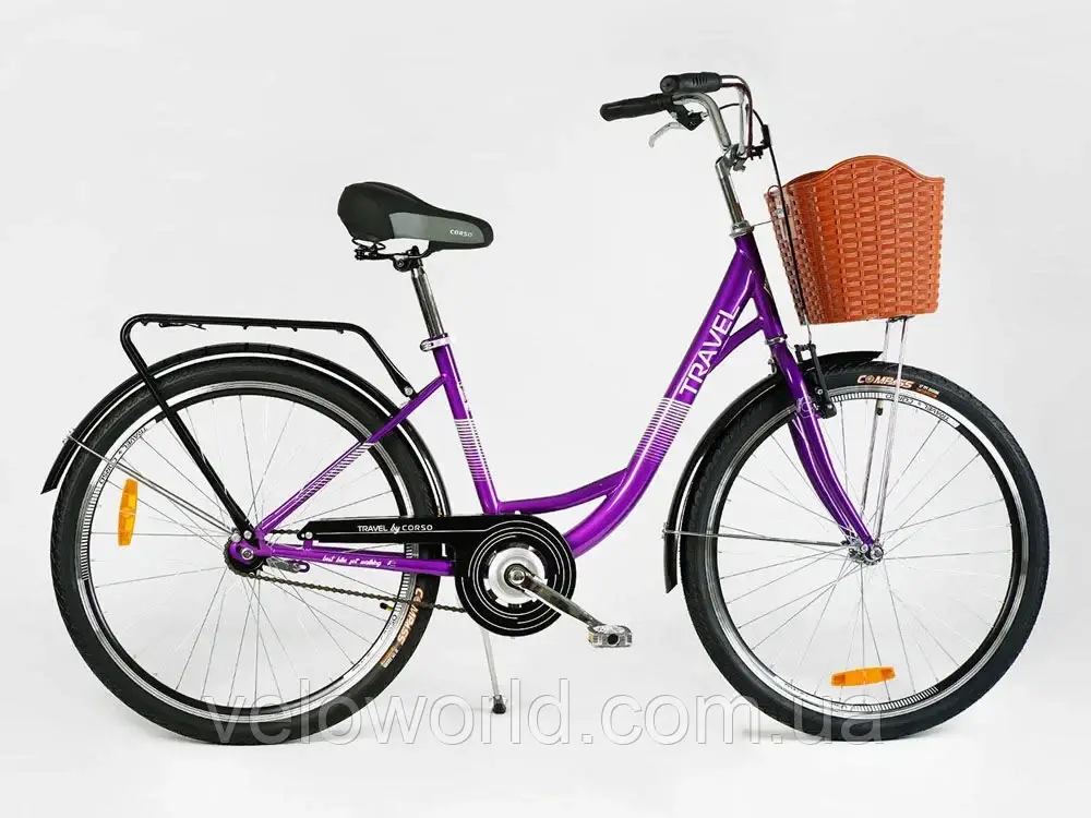 Дорожній велосипед Corso Travel 26" одношвидкісний, сталева рама 16,5", кошик, багажник